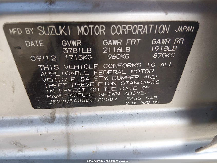 2013 Suzuki Sx4 VIN JS2YC5A35D6102287 IAAI salvage auction — LEFT FRONT, Salvage (Kansas), sold $275 on 2026-07-31 (photo 9)