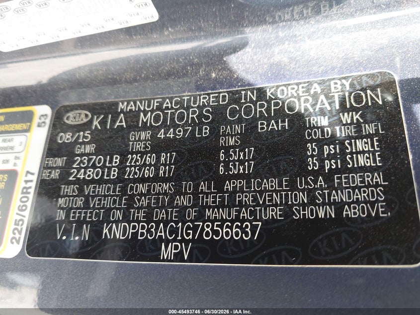 2016 Kia Sportage VIN KNDPB3AC1G7856637 IAAI salvage auction — RIGHT REAR, Salvage (Texas), sold $850 on 2026-07-29 (photo 9)