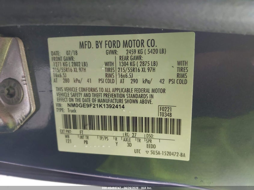 2019 Ford Transit VIN NM0GE9F21K1392414 IAAI salvage auction — NORMAL WEAR, Clear (Virginia), sold $3,050 on 2026-07-13 (photo 9)