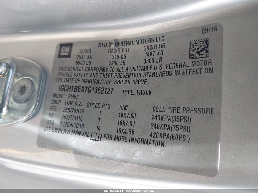 2016 Chevrolet Colorado VIN 1GCHTBEA7G1362127 IAAI salvage auction — REAR END, Sf97 (California), sold $10,400 on 2026-07-28 (photo 9)