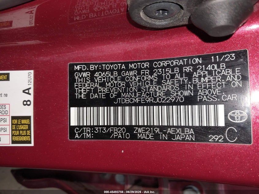 2024 Toyota Corolla VIN JTDBCMFE9RJ022970 IAAI salvage auction — REAR END, Salvage Title, sold $4,350 on 2026-07-30 (photo 9)