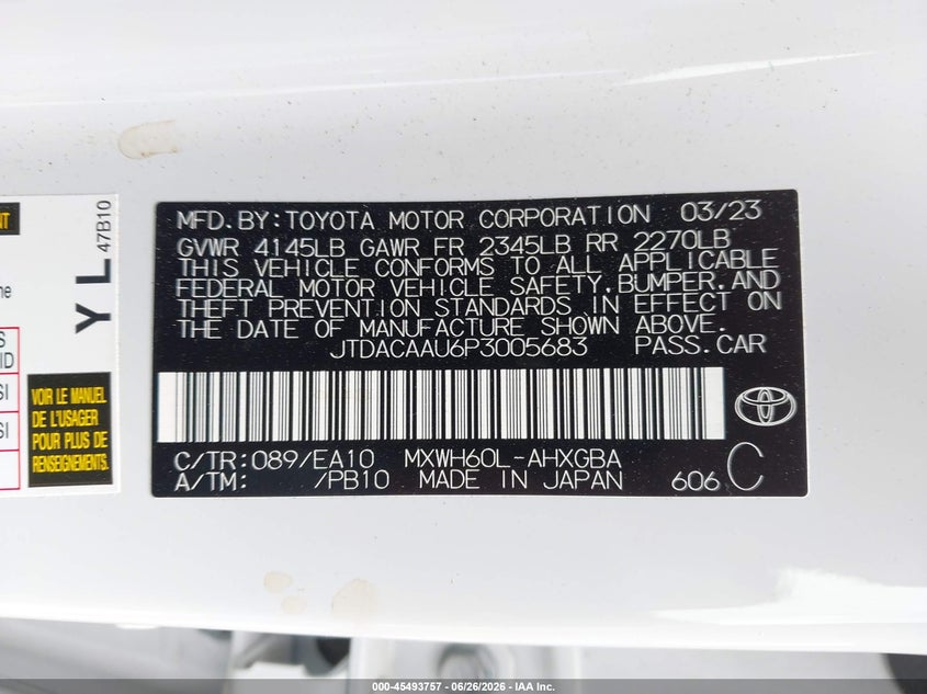 2023 Toyota Prius VIN JTDACAAU6P3005683 IAAI salvage auction — FRONT END, Salvage (North Carolina), sold $5,800 on 2026-07-30 (photo 9)