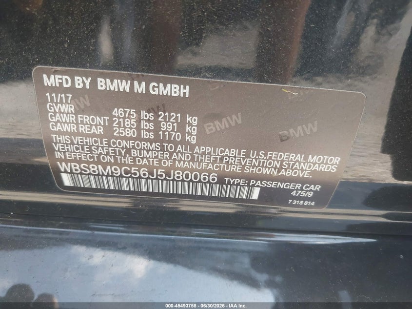 2018 BMW M3 VIN WBS8M9C56J5J80066 IAAI salvage auction — FRONT END, Wait Title, sold $10,200 on 2026-08-23 (photo 9)