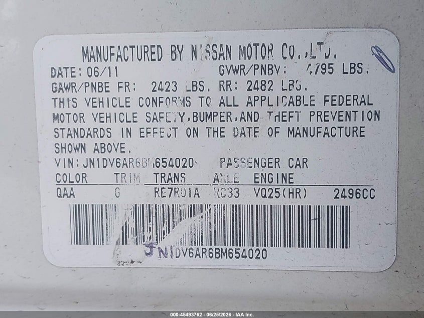 2011 Infiniti G25 VIN JN1DV6AR6BM654020 IAAI salvage auction — NORMAL WEAR, Clear (Maryland), sold $925 on 2026-07-16 (photo 9)