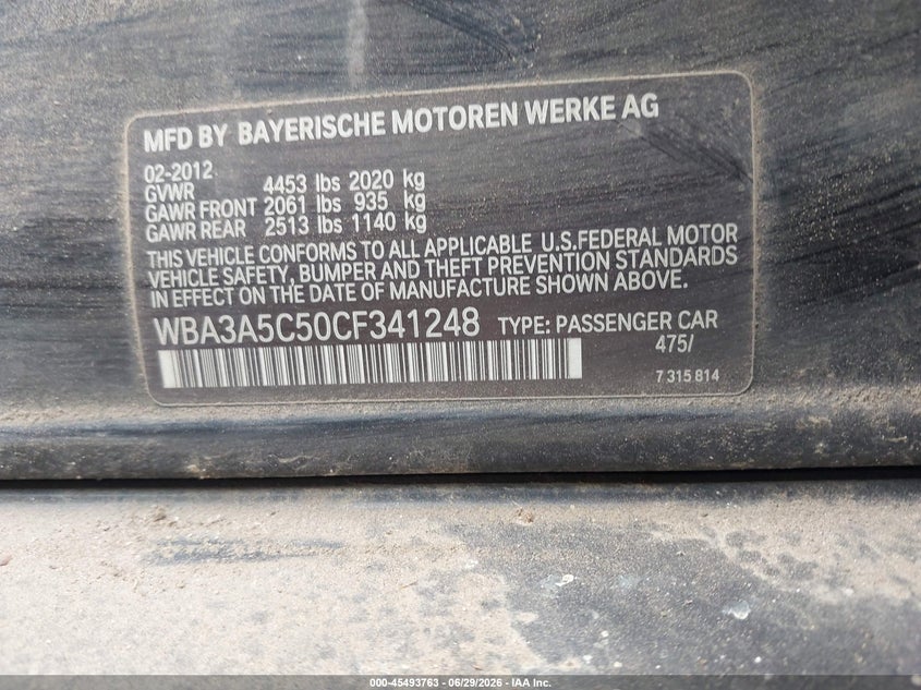 2012 BMW 3er VIN WBA3A5C50CF341248 IAAI salvage auction — NORMAL WEAR, Clear - Dealer Only (California), sold $275 on 2026-07-21 (photo 9)