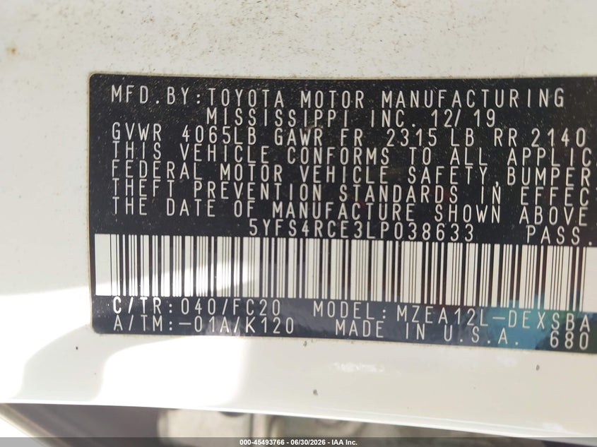 2020 Toyota Corolla VIN 5YFS4RCE3LP038633 IAAI salvage auction — FRONT END, Salvage (North Carolina), sold $25 on 2026-07-30 (photo 9)