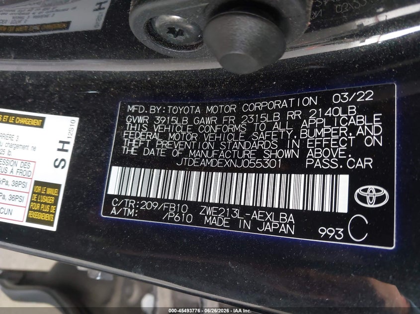 2022 Toyota Corolla VIN JTDEAMDEXNJ055301 IAAI salvage auction — LEFT FRONT, Salvage (California), sold $7,800 on 2026-07-16 (photo 9)