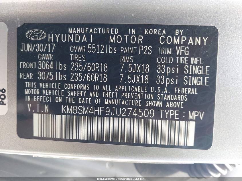 2018 Hyundai Santa fe VIN KM8SM4HF9JU274509 IAAI salvage auction — NORMAL WEAR, Clear - Dealer Only (California), sold $1,050 on 2026-07-15 (photo 9)