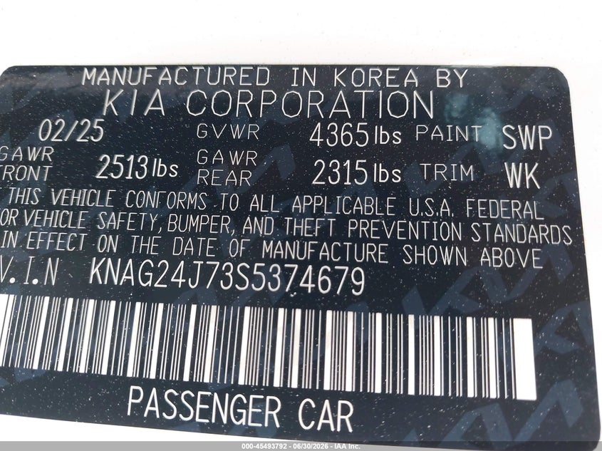2025 Kia K5 VIN KNAG24J73S5374679 IAAI salvage auction — FRONT & REAR, Salvage Title, sold $8,700 on 2026-07-21 (photo 9)