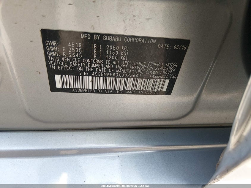 2019 Subaru LEGACY VIN 4S3BNAF63K3039601 IAAI salvage auction — HAIL, Salvage (Ohio), sold $6,700 on 2026-07-22 (photo 9)
