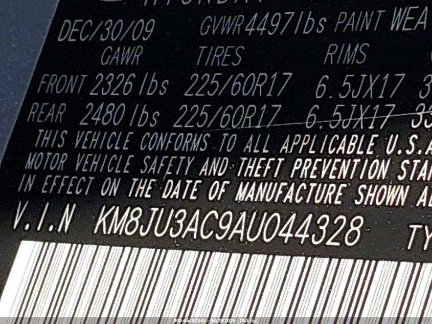 2010 Hyundai Tucson VIN KM8JU3AC9AU044328 IAAI salvage auction — FRONT & REAR, Mv-907A (New York), sold $1,900 on 2026-07-14 (photo 9)