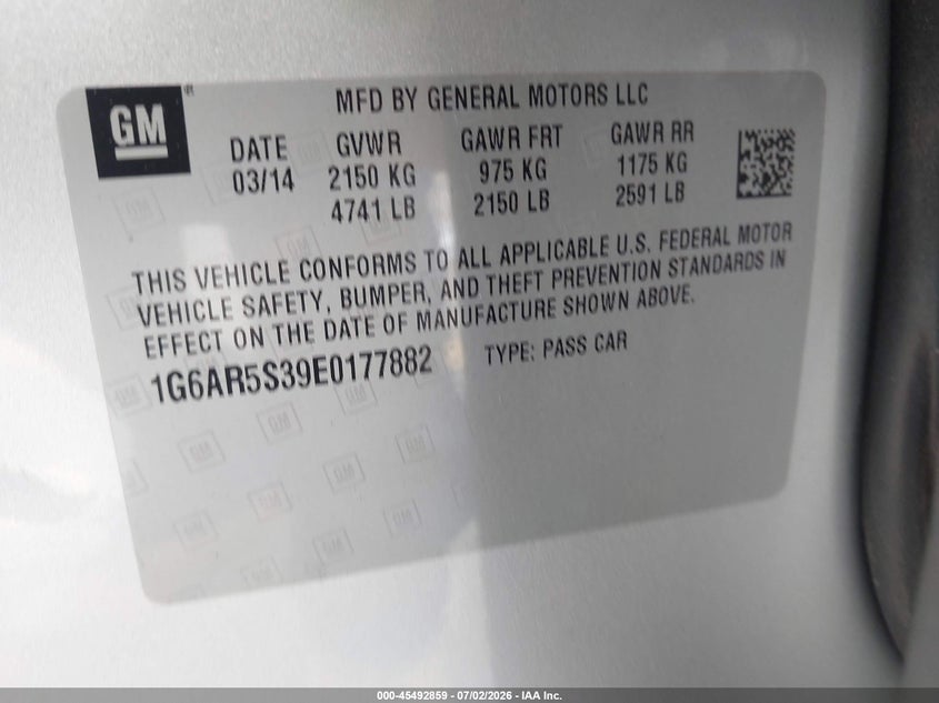 2014 Cadillac Cts VIN 1G6AR5S39E0177882 IAAI salvage auction — SIDE, Salvage (California), sold $1,750 on 2026-07-19 (photo 9)