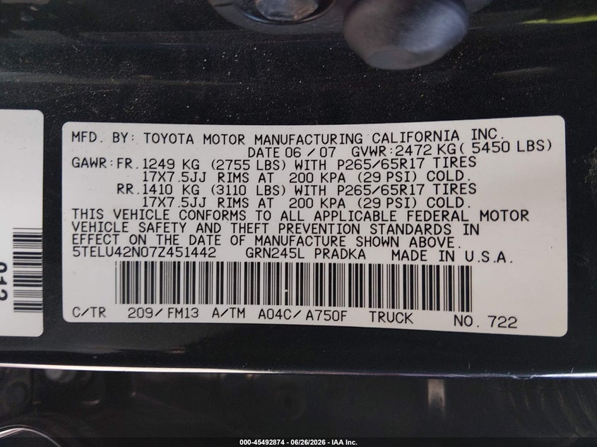 2007 Toyota Tacoma VIN 5TELU42N07Z451442 IAAI salvage auction — SIDE, Salvage (California), sold $3,950 on 2026-07-20 (photo 9)