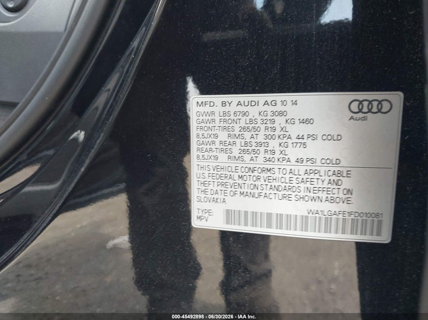 2015 Audi Q7 VIN WA1LGAFE1FD010081 IAAI salvage auction — NORMAL WEAR, Clear (New Jersey), sold $2,600 on 2026-07-20 (photo 9)