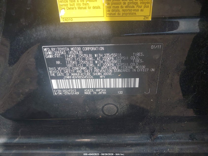 2011 Toyota Rav 4 VIN JTMRF4DV9B5045026 IAAI salvage auction — STRIPPED, Clear (Massachusetts), sold $2,150 on 2026-07-24 (photo 9)