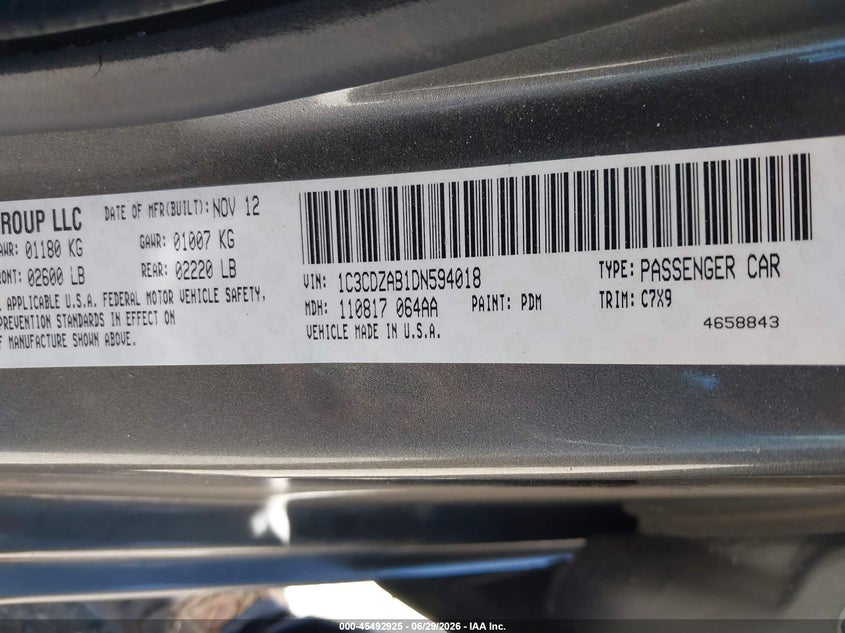 2013 Dodge Avenger VIN 1C3CDZAB1DN594018 IAAI salvage auction — NORMAL WEAR, Clear (California), sold $400 on 2026-08-01 (photo 9)