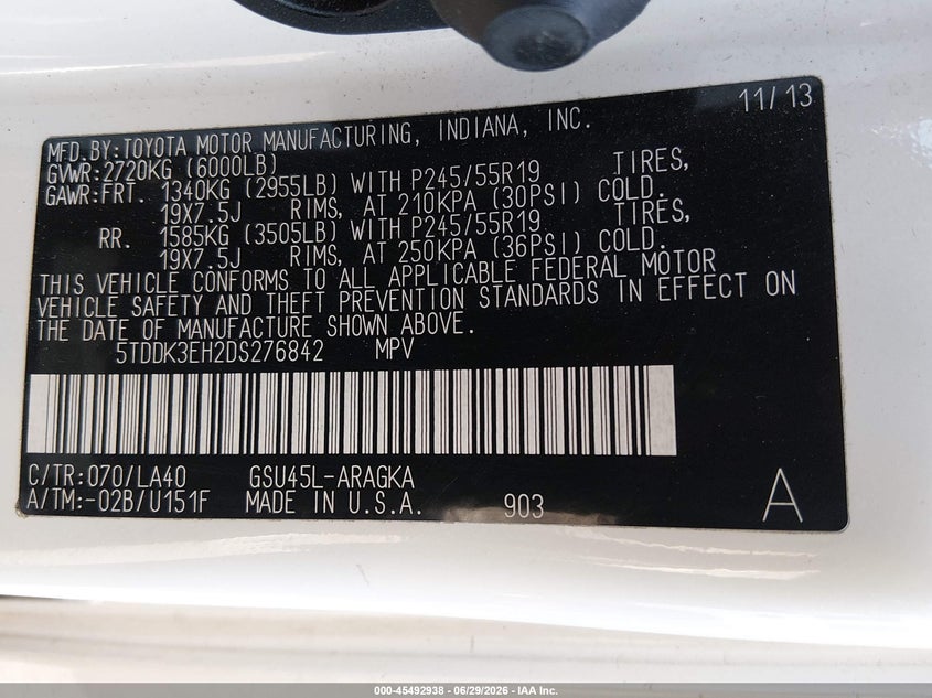 2013 Toyota Highlander VIN 5TDDK3EH2DS276842 IAAI salvage auction — REAR END, Salvage (Tennessee), sold $3,450 on 2026-07-18 (photo 9)