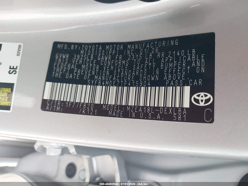 2026 Toyota Corolla VIN 5YFB4MDE7TP415904 IAAI salvage auction — NORMAL WEAR, Enterprise Vehicles Clear Only (Florida), sold $9,050 on 2026-07-09 (photo 9)