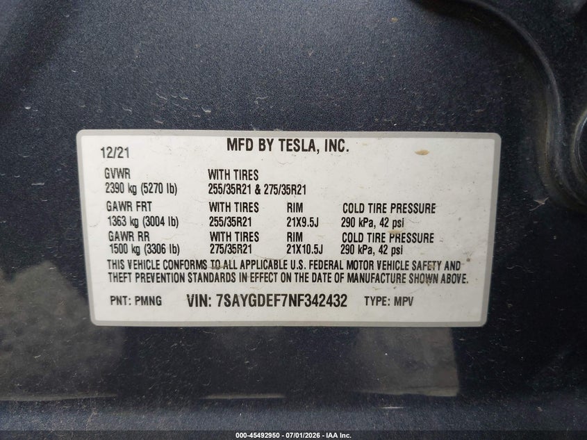 2022 Tesla Model y VIN 7SAYGDEF7NF342432 IAAI salvage auction — REAR END, Salvage Title, sold $11,675 on 2026-07-22 (photo 9)