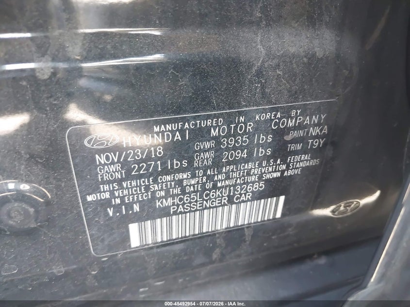 2019 Hyundai Ioniq VIN KMHC65LC6KU132685 IAAI salvage auction — LEFT SIDE, Salvage Certificate (California), sold $2,600 on 2026-07-22 (photo 9)