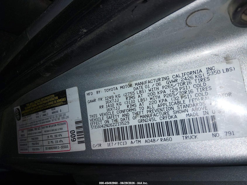 2006 Toyota Tacoma VIN 5TEUU42N26Z213529 IAAI salvage auction — ROLLOVER, Salvage (Idaho), sold $1,350 on 2026-07-24 (photo 9)