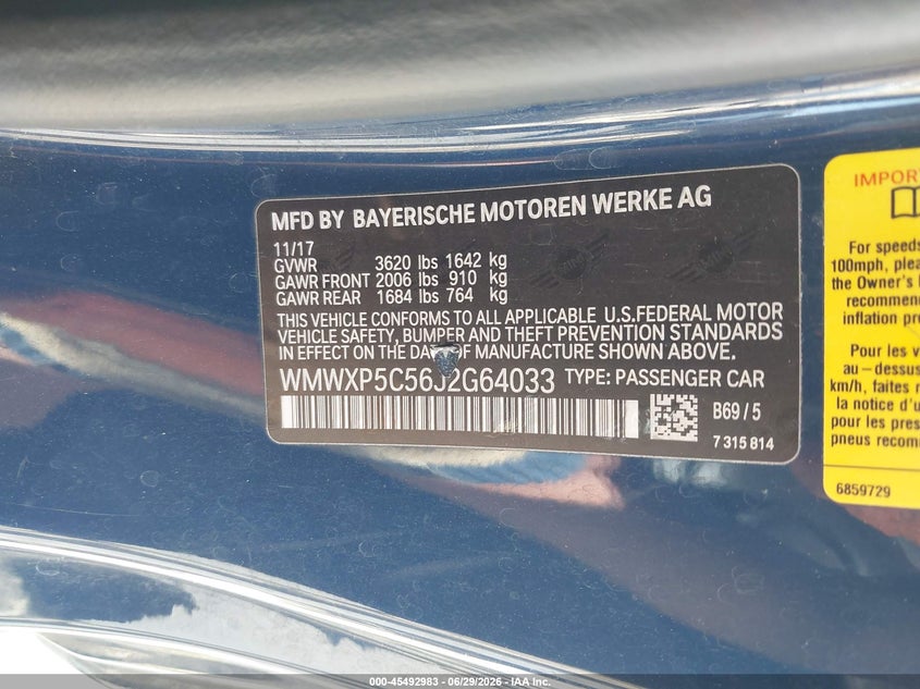 2018 Mini Hard top VIN WMWXP5C56J2G64033 IAAI salvage auction — FRONT END, Salvage (California), sold $1,150 on 2026-08-11 (photo 9)
