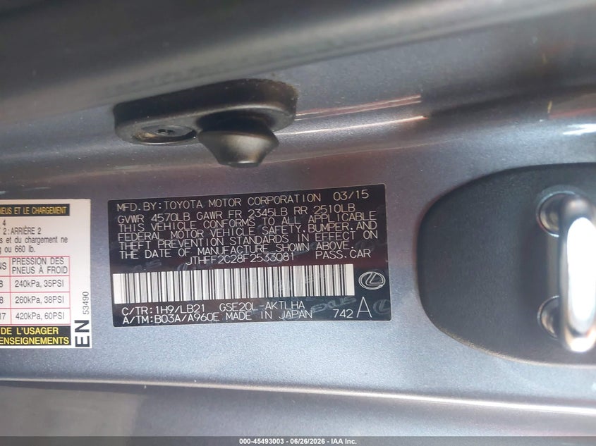 2015 Lexus Is 250c VIN JTHFF2C28F2533081 IAAI salvage auction — NORMAL WEAR, Clear (Arizona), sold $11,250 on 2026-07-14 (photo 9)