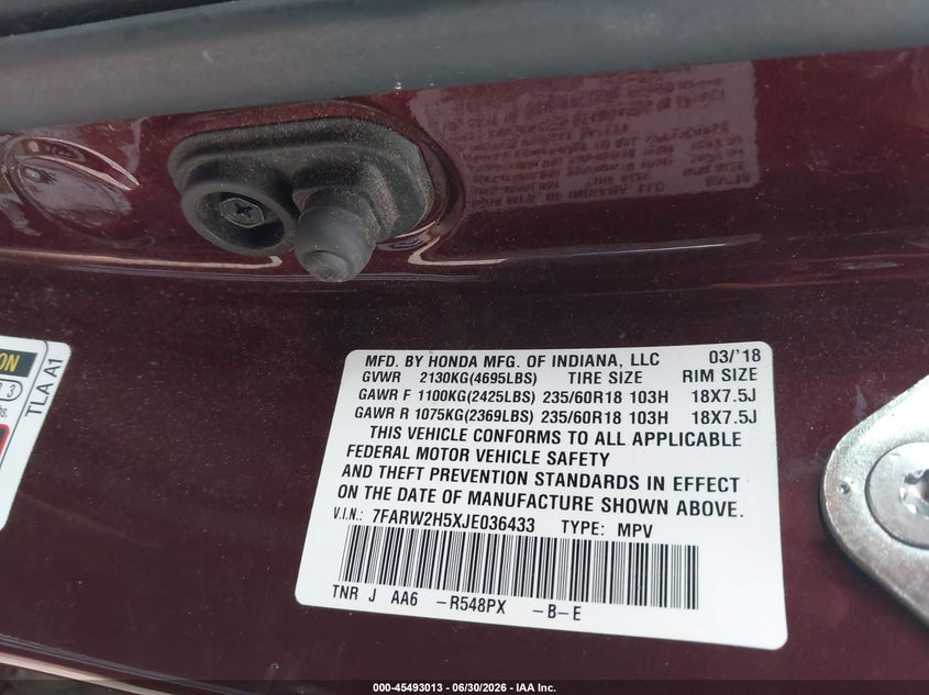 2018 Honda Cr-v VIN 7FARW2H5XJE036433 IAAI salvage auction — FRONT END, Clear (Michigan), sold $4,850 on 2026-07-22 (photo 9)