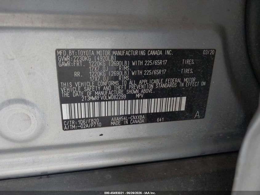 2020 Toyota Rav 4 VIN 2T3MWRFV0LW082299 IAAI salvage auction — REAR END, Bill Of Sale (Washington), sold $9,900 on 2026-07-29 (photo 9)