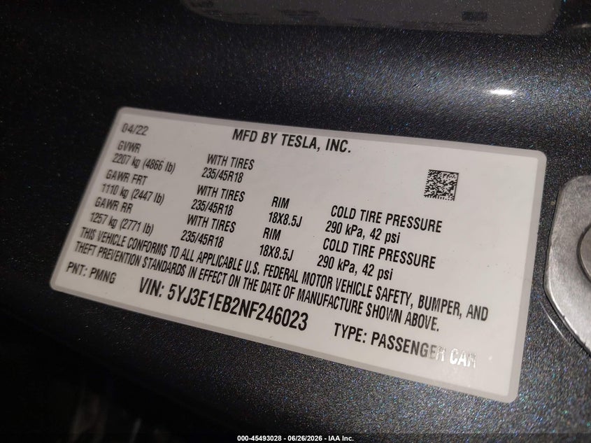 2022 Tesla Model 3 VIN 5YJ3E1EB2NF246023 IAAI salvage auction — FRONT END, Mv-907A (New York), sold $5,250 on 2026-07-30 (photo 9)