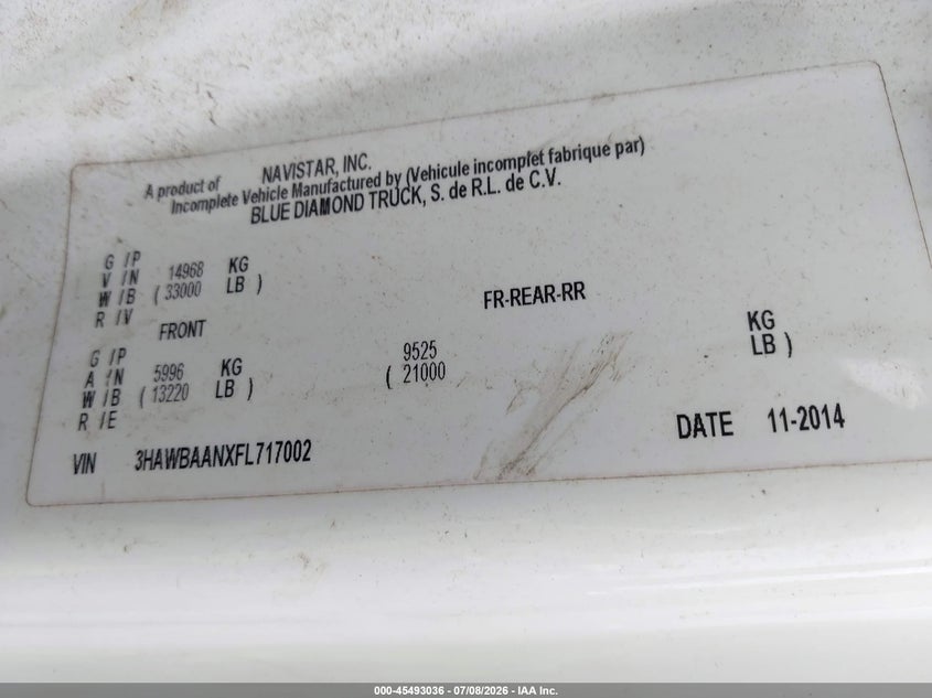 2015 International VIN 3HAWBAANXFL717002 IAAI salvage auction — REAR END, Salvage (Idaho), sold $75 on 2026-07-29 (photo 8)