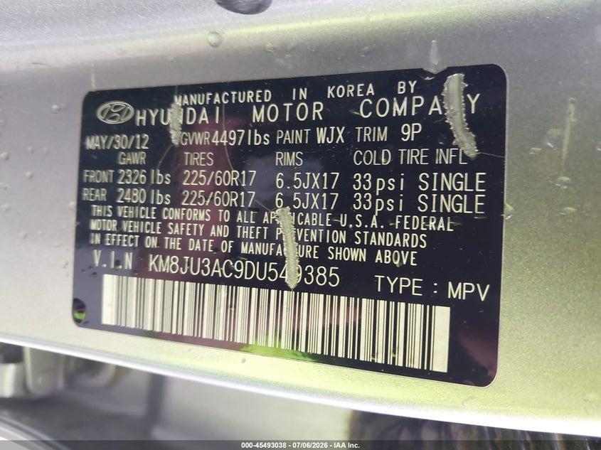 2013 Hyundai Tucson VIN KM8JU3AC9DU549385 IAAI salvage auction — FRONT END, Salvage (Missouri), sold $2,000 on 2026-08-23 (photo 9)