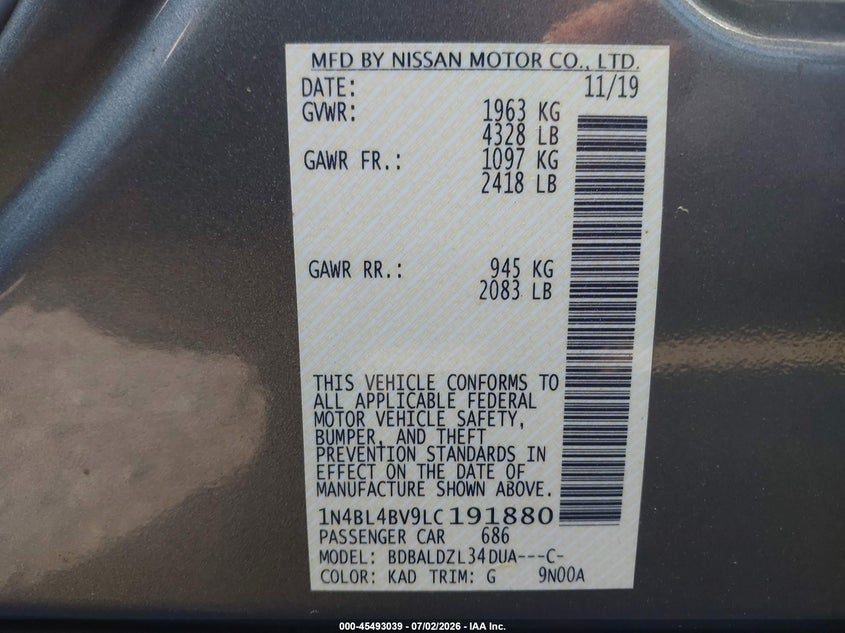 2020 Nissan Altima VIN 1N4BL4BV9LC191880 IAAI salvage auction — RIGHT FRONT, Reconstructed (Massachusetts), sold $3,050 on 2026-07-19 (photo 9)