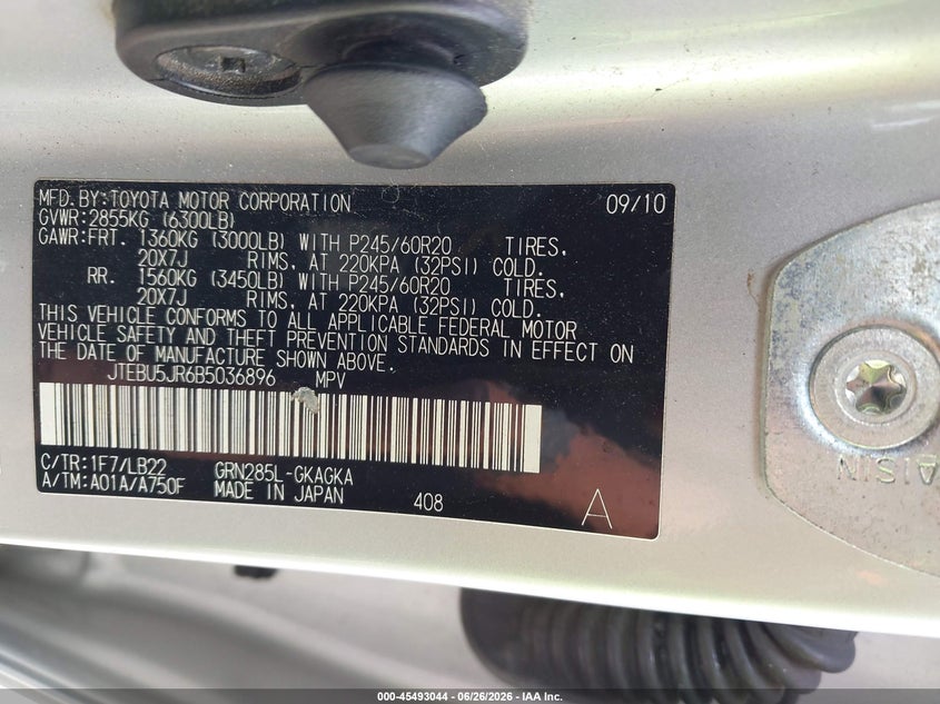 2011 Toyota 4runner VIN JTEBU5JR6B5036896 IAAI salvage auction — FRONT END, Salvage - Greater Than 75% (Maryland), sold $6,300 on 2026-07-30 (photo 9)