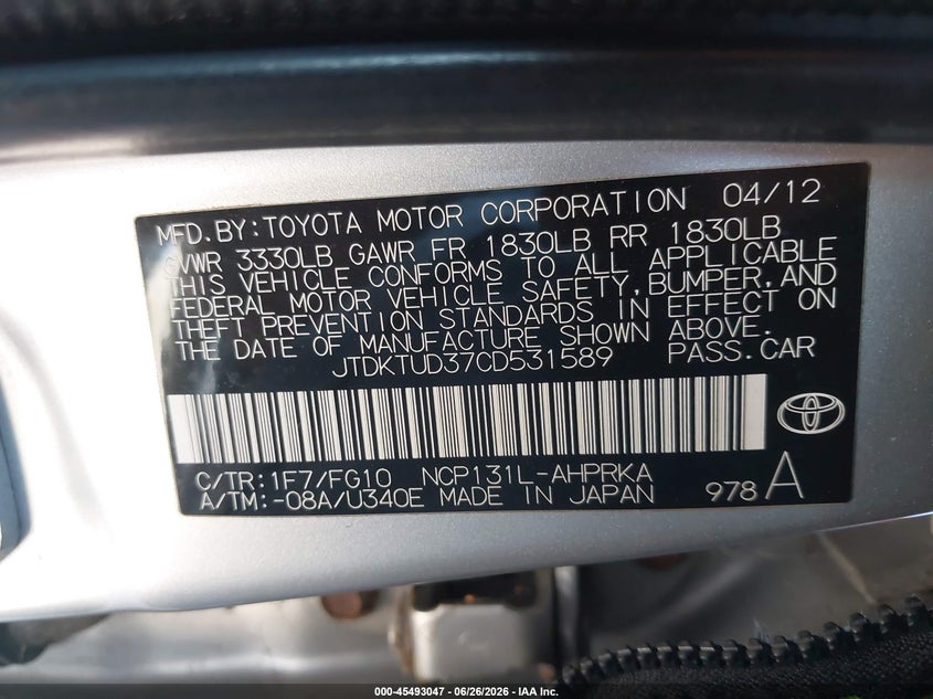 2012 Toyota Yaris VIN JTDKTUD37CD531589 IAAI salvage auction — LEFT FRONT, Salvage (California), sold $1,150 on 2026-07-29 (photo 9)