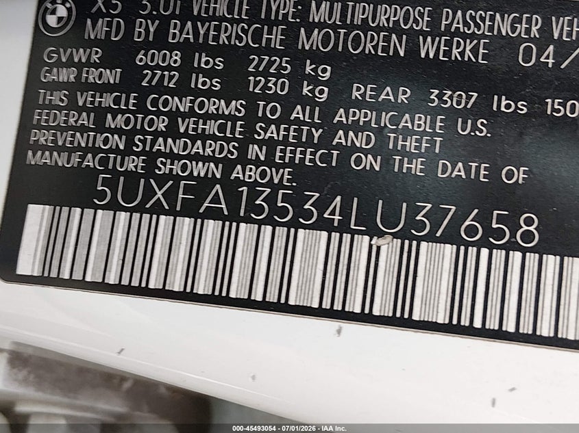 2004 BMW X5 VIN 5UXFA13534LU37658 IAAI salvage auction — NORMAL WEAR, Clear - Public Restricted (Oregon), sold $350 on 2026-07-06 (photo 9)