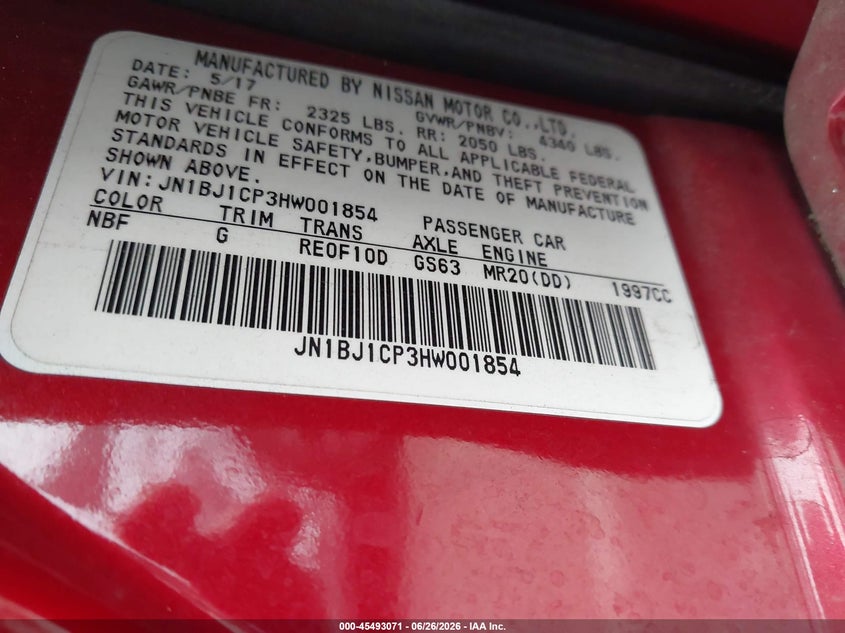 2017 Nissan Rogue VIN JN1BJ1CP3HW001854 IAAI salvage auction — NORMAL WEAR, Salvage (California), sold $700 on 2026-07-09 (photo 9)