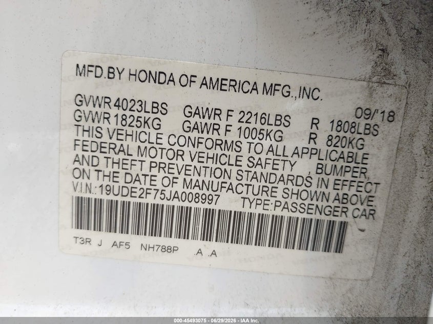 2018 Acura Ilx VIN 19UDE2F75JA008997 IAAI salvage auction — FRONT END, Salvage Title, sold $1,950 on 2026-07-26 (photo 9)