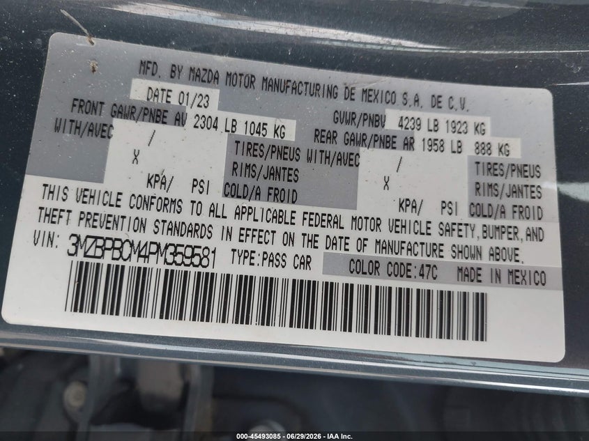 2023 Mazda 3 VIN 3MZBPBCM4PM359581 IAAI salvage auction — FRONT END, Salvage Title, sold $14,500 on 2026-08-26 (photo 9)