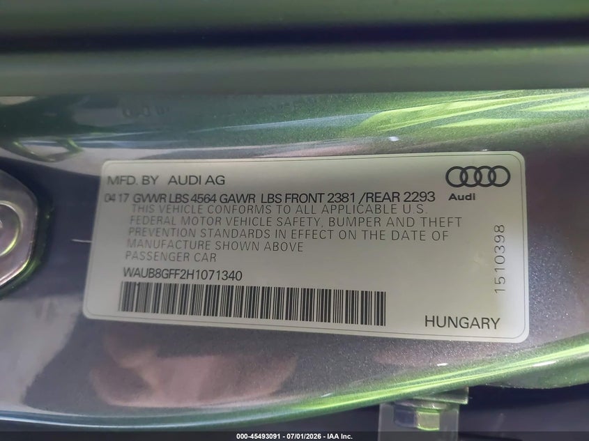 2017 Audi A3 VIN WAUB8GFF2H1071340 IAAI salvage auction — FRONT END, Salvage Title, sold $3,300 on 2026-07-30 (photo 9)