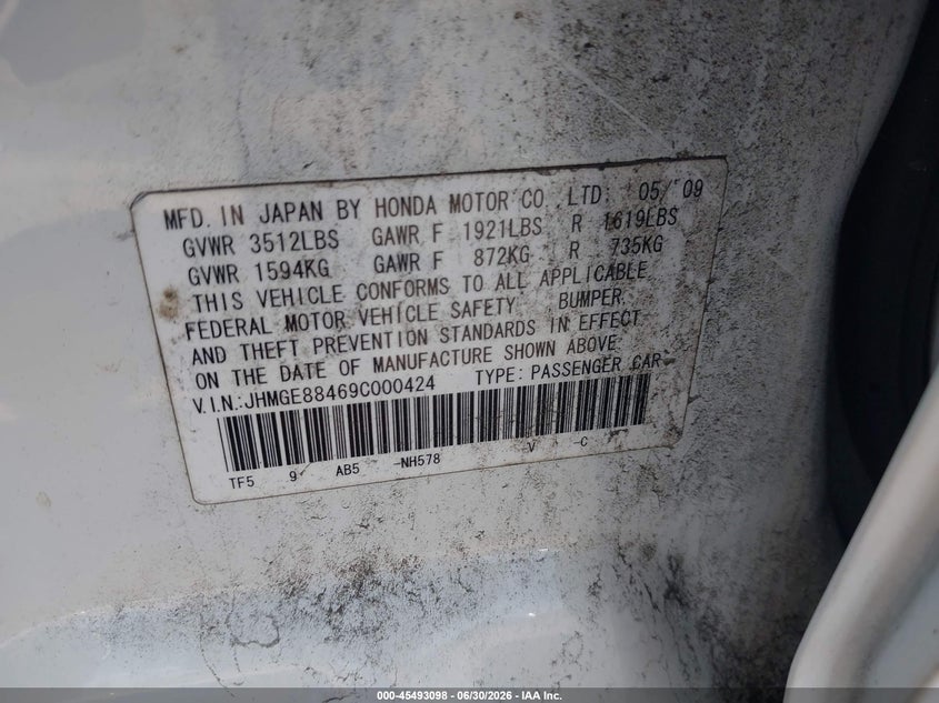 2009 Honda Fit VIN JHMGE88469C000424 IAAI salvage auction — FRONT END, Clear (Virginia), sold $450 on 2026-07-28 (photo 9)