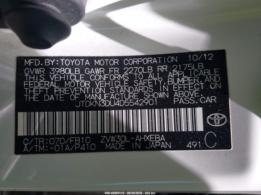2013 Toyota Prius VIN JTDKN3DU4D5542901 IAAI salvage auction — FRONT END, Salvage Title, sold $2,300 on 2026-07-29 (photo 9)