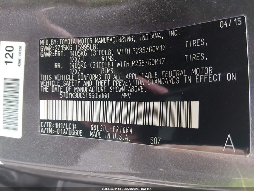 2015 Toyota Sienna VIN 5TDYK3DC5FS605060 IAAI salvage auction — FRONT & REAR, Salvage (Virginia), sold $575 on 2026-07-28 (photo 9)
