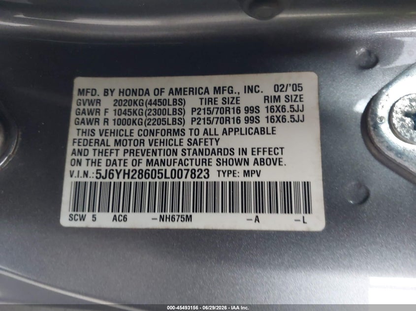 2005 Honda Element VIN 5J6YH28605L007823 IAAI salvage auction — FRONT END, Bill Of Sale (Washington), sold $500 on 2026-07-27 (photo 9)