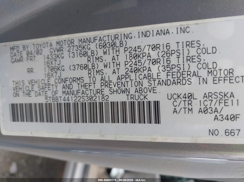 2002 Toyota Tundra VIN 5TBBT44122S302182 IAAI salvage auction — FRONT & REAR, Clear (Massachusetts), sold $750 on 2026-07-31 (photo 9)
