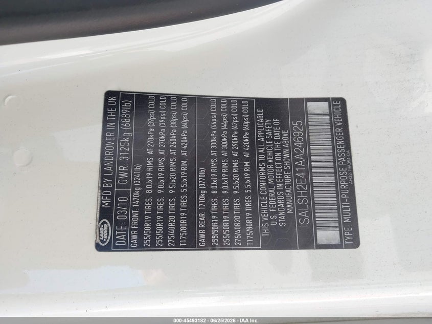 2010 Land rover Range rover sport VIN SALSH2E41AA246925 IAAI salvage auction — NORMAL WEAR, Clear - Dealer Only (California), sold $650 on 2026-07-29 (photo 9)