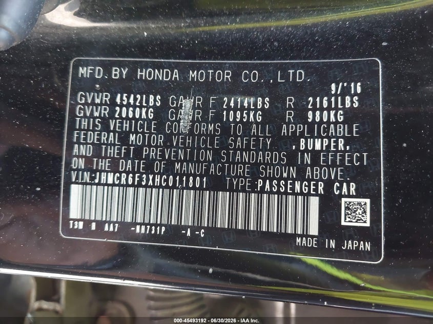 2017 Honda Accord VIN JHMCR6F3XHC011801 IAAI salvage auction — FRONT END, Salvage Title, sold $875 on 2026-07-28 (photo 9)
