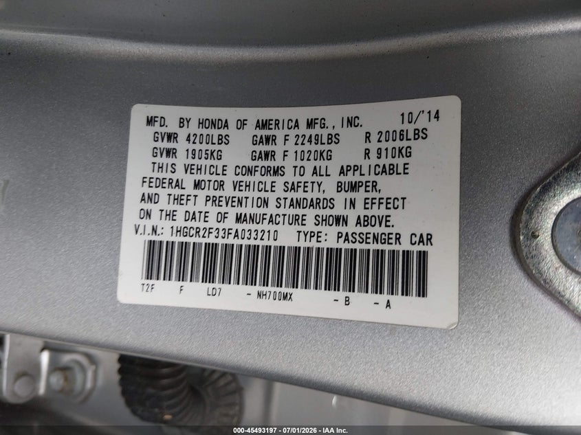 2015 Honda Accord VIN 1HGCR2F33FA033210 IAAI salvage auction — REAR END, Salvage (California), sold $1,250 on 2026-07-09 (photo 9)