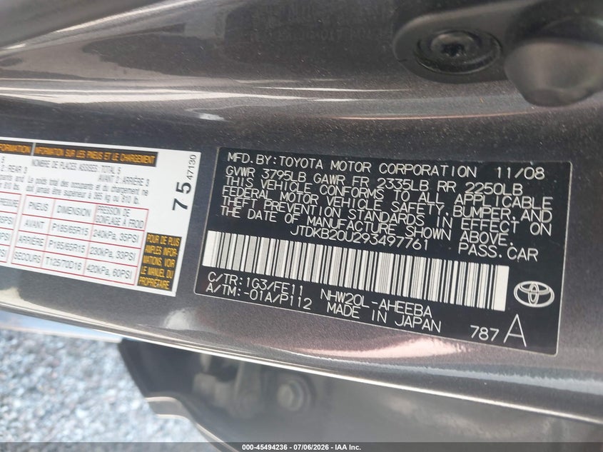 2009 Toyota Prius VIN JTDKB20U293497761 IAAI salvage auction — UNKNOWN, Certificate Of Title (Nebraska), sold $100 on 2026-07-23 (photo 9)