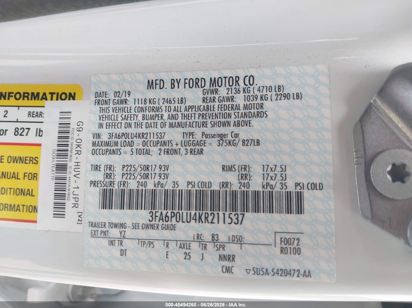2019 Ford Fusion VIN 3FA6P0LU4KR211537 IAAI salvage auction — FRONT END, Sf97 (California), sold $10,300 on 2026-07-28 (photo 9)